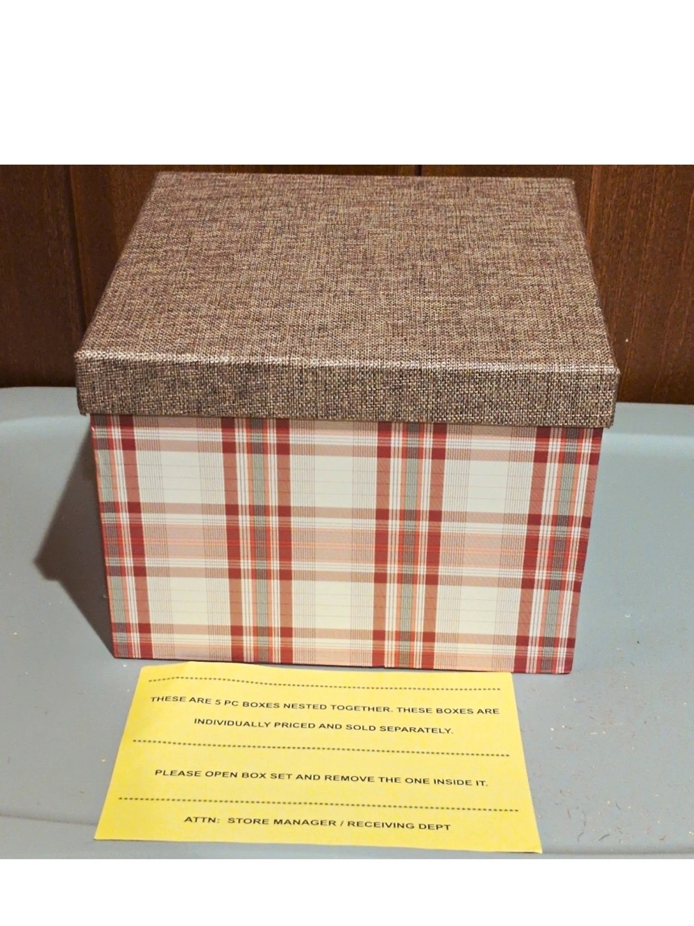 Set of 5 Nesting Decorative Storage Boxes w/ Lids Paper Square Plaid Multicolor